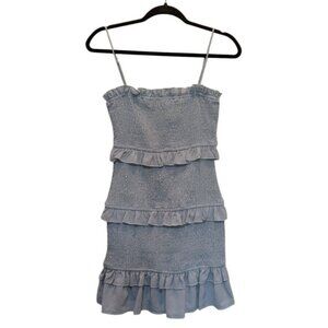 Hello Molly Bodycon Mini Dress Medium Blue‎ Shirred Smocked Ruffle